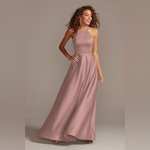 HIGH-NECK SATIN A-LINE BRIDESMAID DRESS